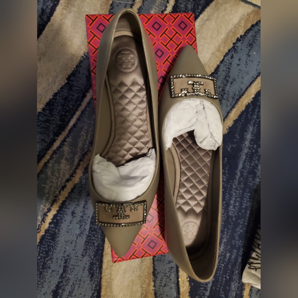 Tory Burch Taupe Pointed-Toe Quilted Flats with Crystal Logo